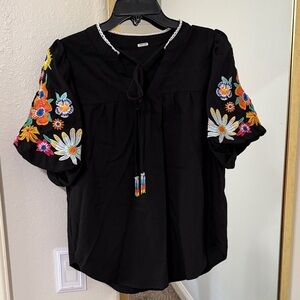 Embroidered Floral Black Peasant Top